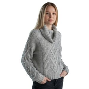 Femme by Design Grey Cowl Neck Chunky Sweater w Popcorn Knit Sleeves size medium